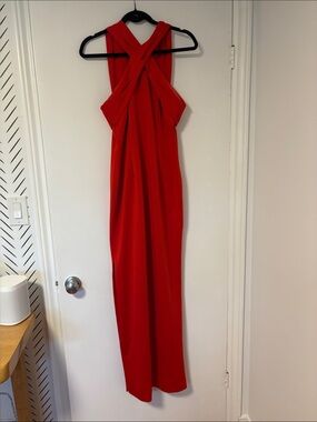 Calvin Klein Red Crisscross Halter Maxi Dress